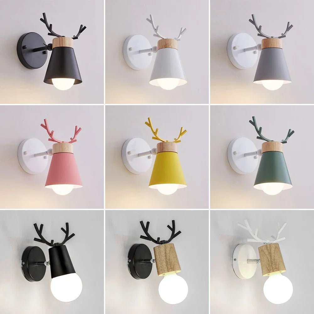 Afralia™ LED Antlers Wall Lamp Wooden Nordic Vintage Modern Loft Bedroom Lighting E27