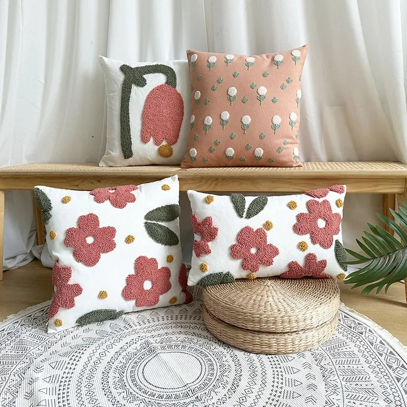 Afralia™ Pink Flower Loop Tufted Cushion Cover: Nordic Style Embroidered Pillow for Home