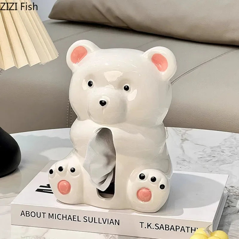 Afralia™ White Bear Ceramic Tissue Box: Cute Cartoon Bear Design for Coffee Table & Desk
