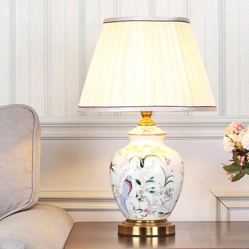 Afralia™ Ceramic Table Lamp Flower Bird Bedside LED Desk Light