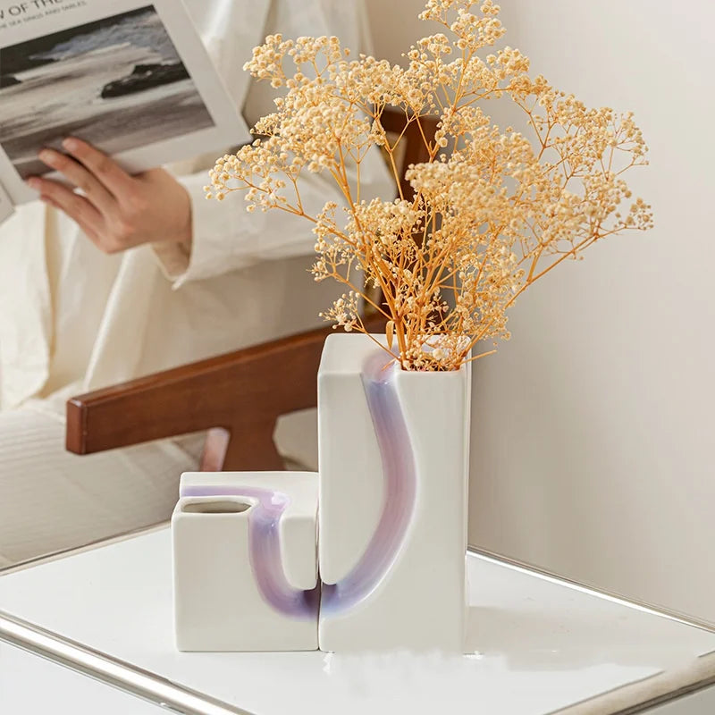 Afralia™ Purple Geometry Ceramic Flower Vase, Abstract Design for Stunning Floral Arrangements