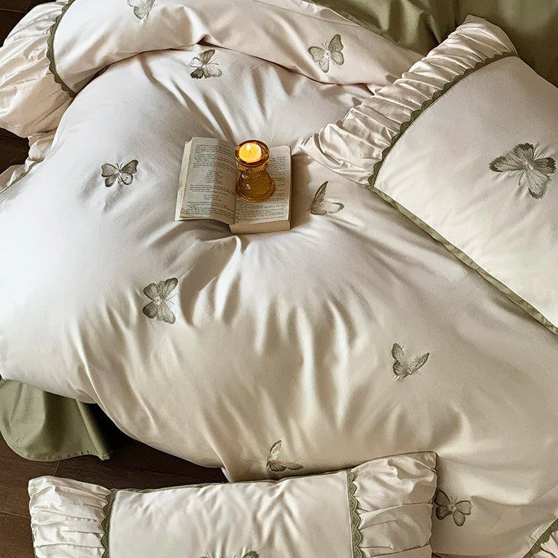 Afralia™ Butterfly Embroidery 1000TC Egyptian Cotton Bedding Set with Duvet Cover, Sheet, Pillowcases