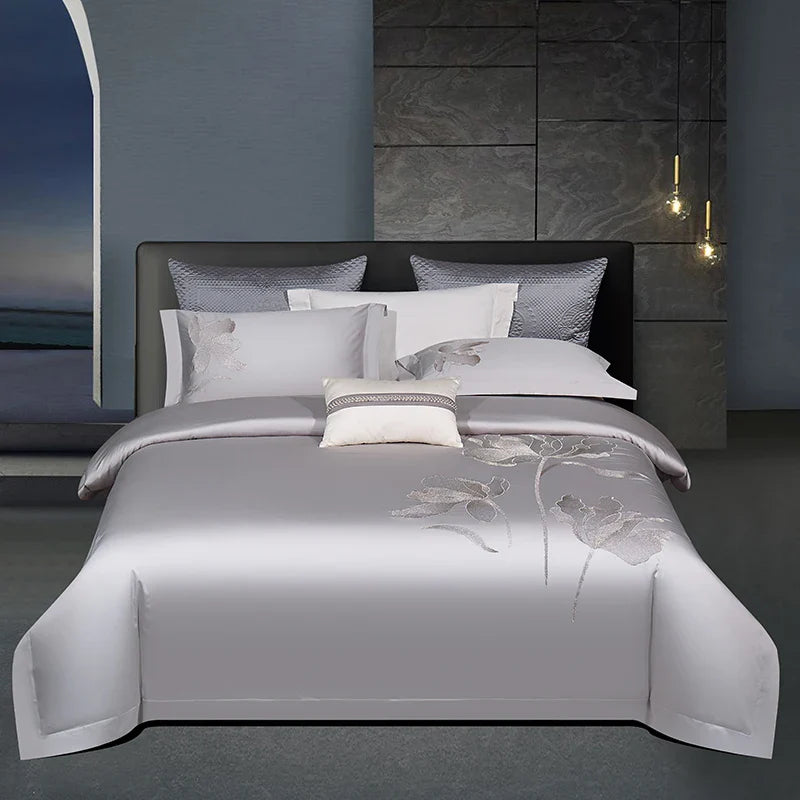 Afralia™ Luxury Flower Embroidery 1000TC Egyptian Cotton Bedding Set - 4Pcs