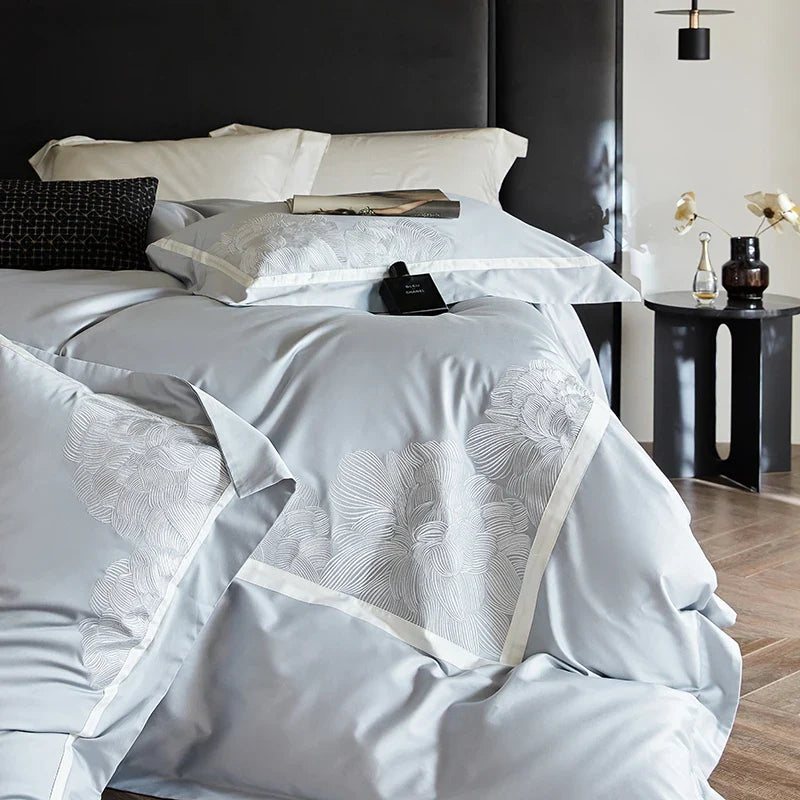 Afralia™ Luxury Flowers Embroidery 1000TC Egyptian Cotton Bedding Set Queen King Size
