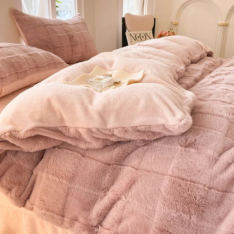 Afralia™ Faux Rabbit Fur Plush Queen Bedding Set for Autumn Winter Warmth