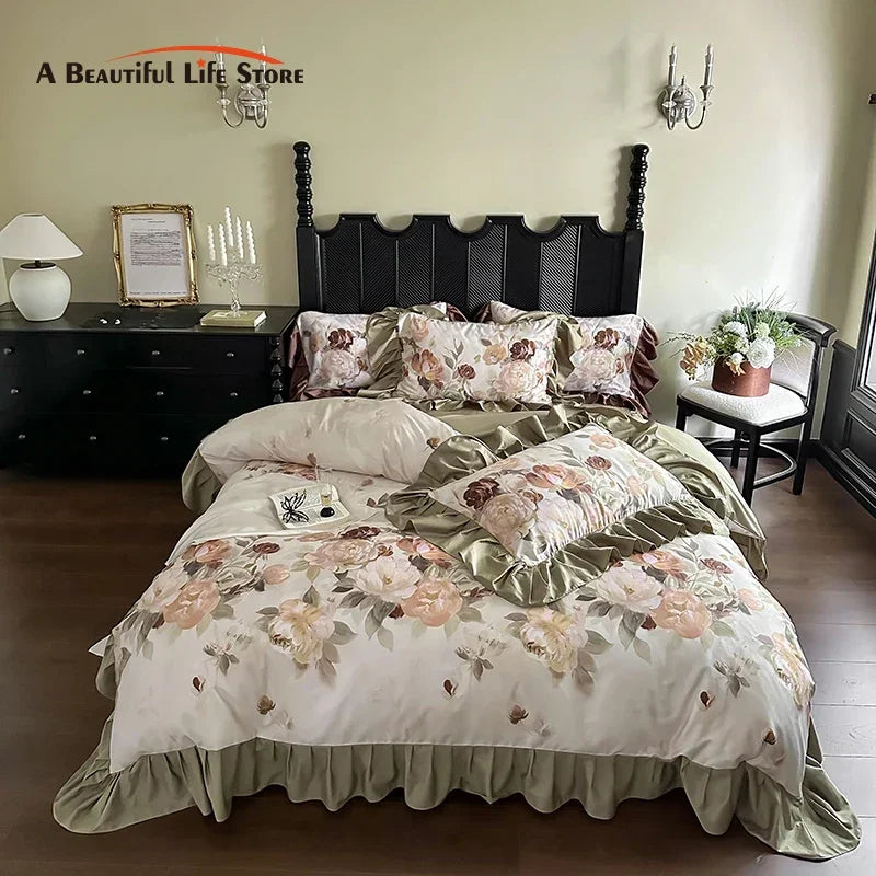 Afralia™ French Vintage Ruffles Bedding Set in Egyptian Cotton with Flowers Prints