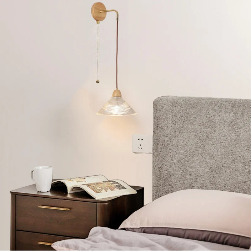 Afralia™ Clear Glass LED Wall Lights with Wood Pull Chain Switch, Modern Art Bedside Lamp