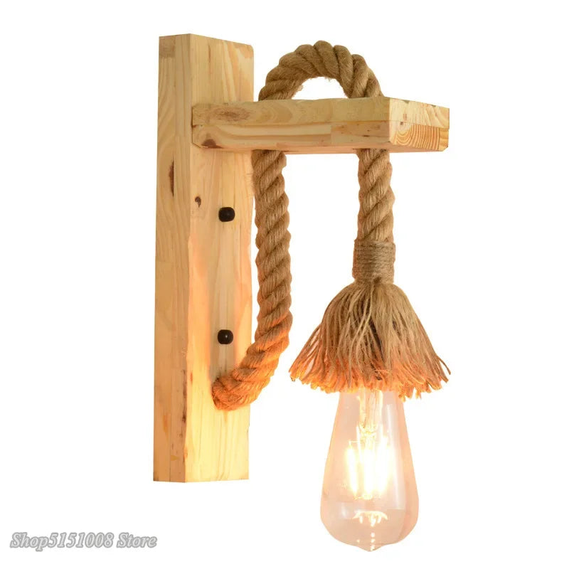 Afralia™ Hemp Rope Wall Lamp Wood Sconce E27 Industrial Indoor Outdoor Light