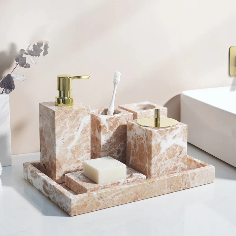 Afralia™ Coral Pink Marble Bathroom Accessories Set: Dispenser, Dish, Holder, Tissue Box, Tray