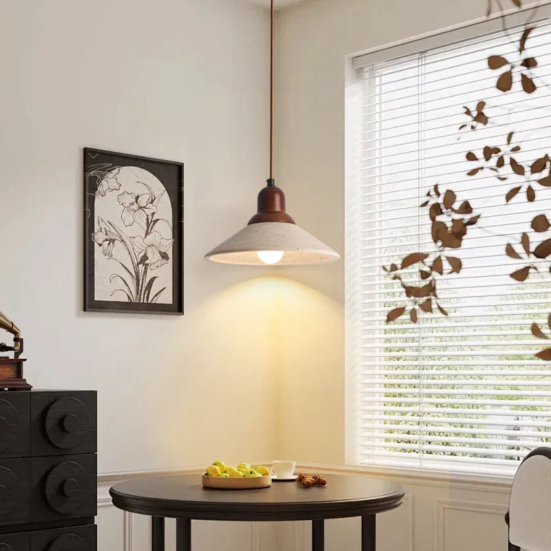 Afralia™ LED Wood Canopy Pendant Lights Yellow Travertine Stone Hanging Lamp