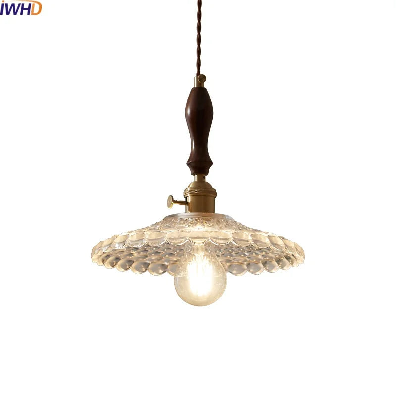 Afralia™ Copper Glass Pendant Light Fixture with Wood Handle & LED Bulb