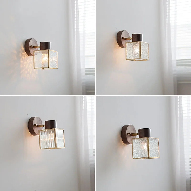 Afralia™ Modern Walnut Wood LED Wall Light Fixture Glass Bedroom Living Room Sconce