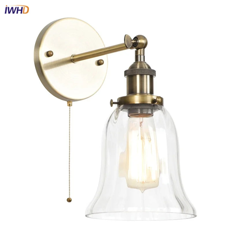 Afralia™ Vintage LED Wall Sconce Pull Chain Switch Glass Country Mirror Light
