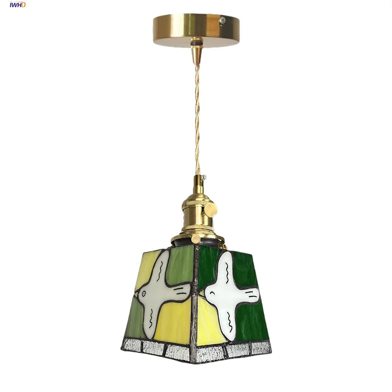 Afralia™ Peace Dove Tiffany Style LED Pendant Lamp - Colorful Glass, Copper Knob Switch
