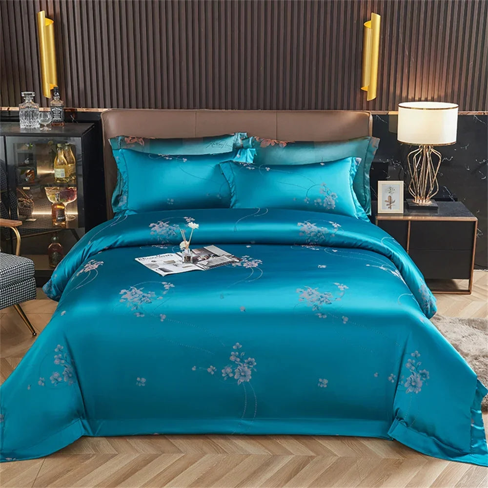 Afralia™ Blue Satin Jacquard Embroidery Bedding Set: King/Queen Size Bed Lines, Duvet Cover, Pillowcase