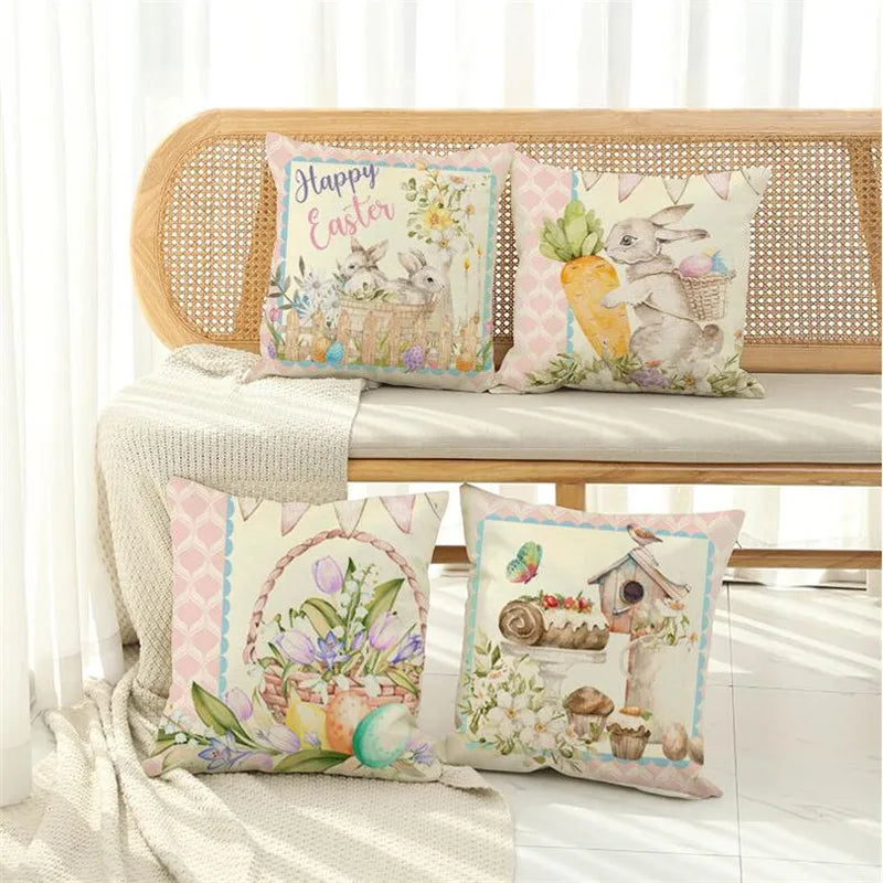 Afralia™ Easter Bunny Rabbit Linen Cushion Cover 45x45cm - Flower Print Festival Pillowcase