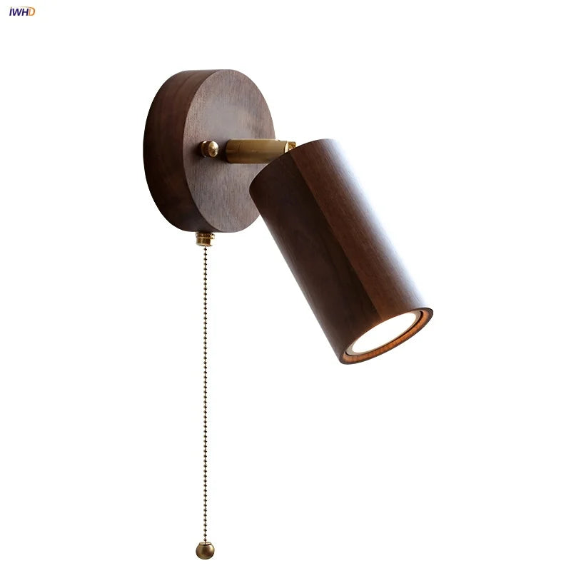 Afralia™ Nordic LED Wall Lamp Rotate Walnut Pull Chain Switch Mirror Light