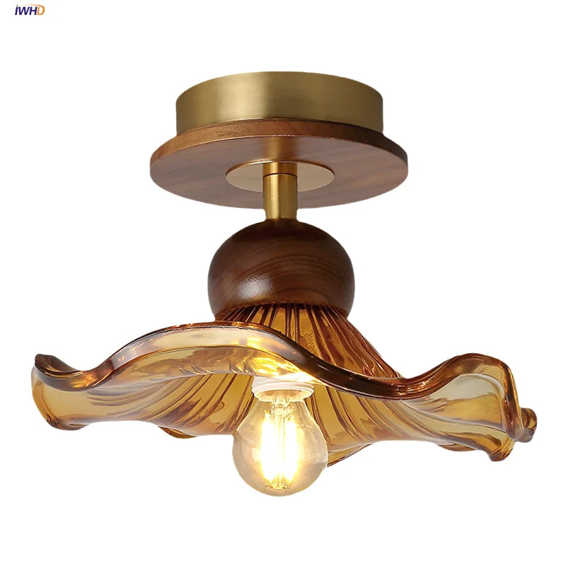 Afralia Wood Copper LED Ceiling Light Amber Glass Plafond Lamp