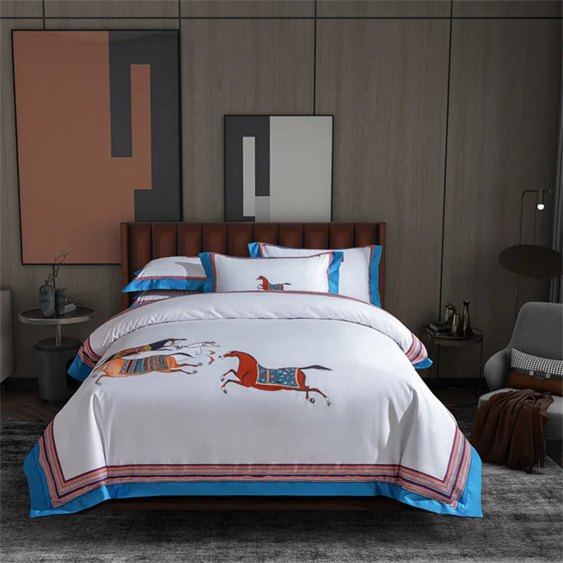 Afralia™ Galloping Horse 1000TC Egyptian Cotton Bedding Set: Duvet, Sheet, Pillowcases - Soft & Comfy