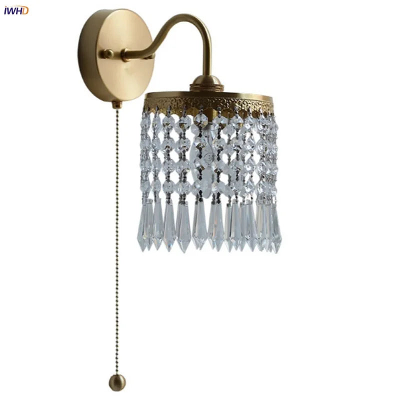 Afralia™ Crystal LED Wall Sconce Brass Mirror Light Modern Nordic Pull Chain Switch