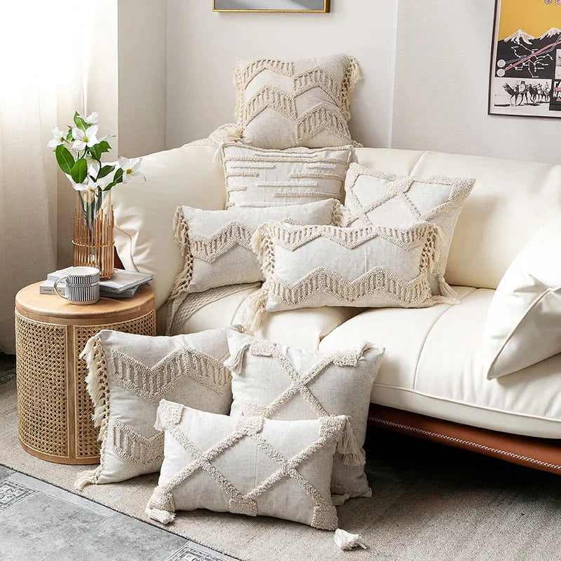 Afralia™ Boho Nordic Tassel Pillow Case - Beige Cotton Linen Cushion Cover