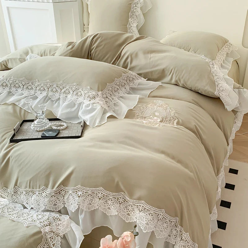 Afralia™ Matcha Green French Chiffon Lace Queen Bedding Set with Ruffles & Embroidery