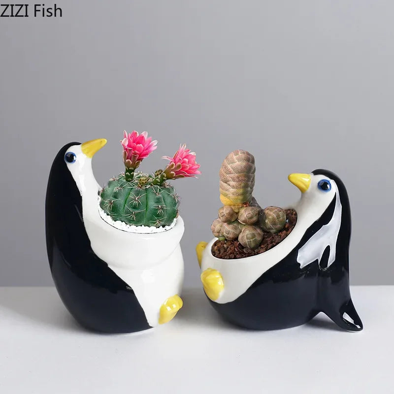 Afralia™ Penguin Ceramic Vase Small Plant Pots Room Decoration Flower Arrangement
