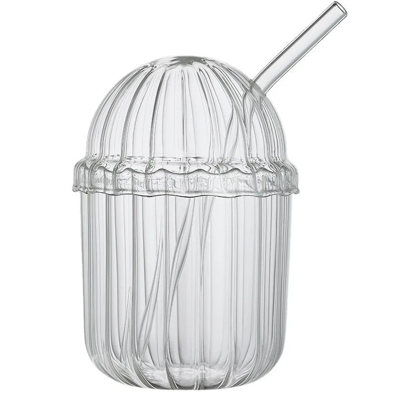 Afralia™ Vertical Striped Glass Cups with Lid & Straw, Borosilicate Glass Milk Coffee Cup
