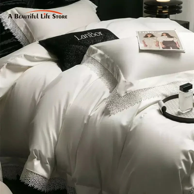 Afralia™ French Lace Edge Bedding Set, 1000TC Egyptian Cotton, Queen King, Duvet, Sheet, Pillowcases