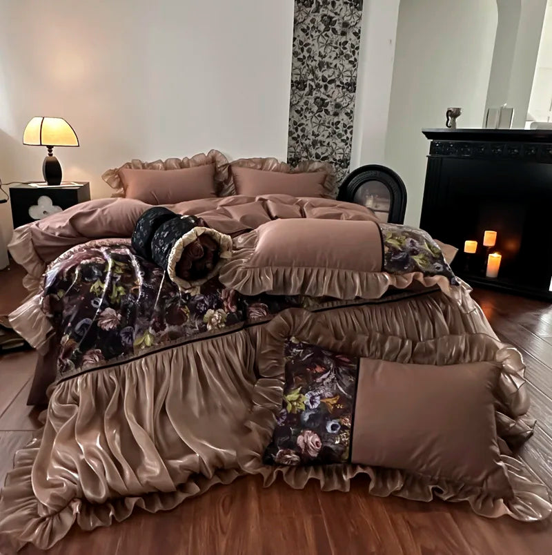 Afralia™ French Organza Lace Ruffles Bedding Set, Egyptian Cotton Duvet, Sheets & Pillowcases