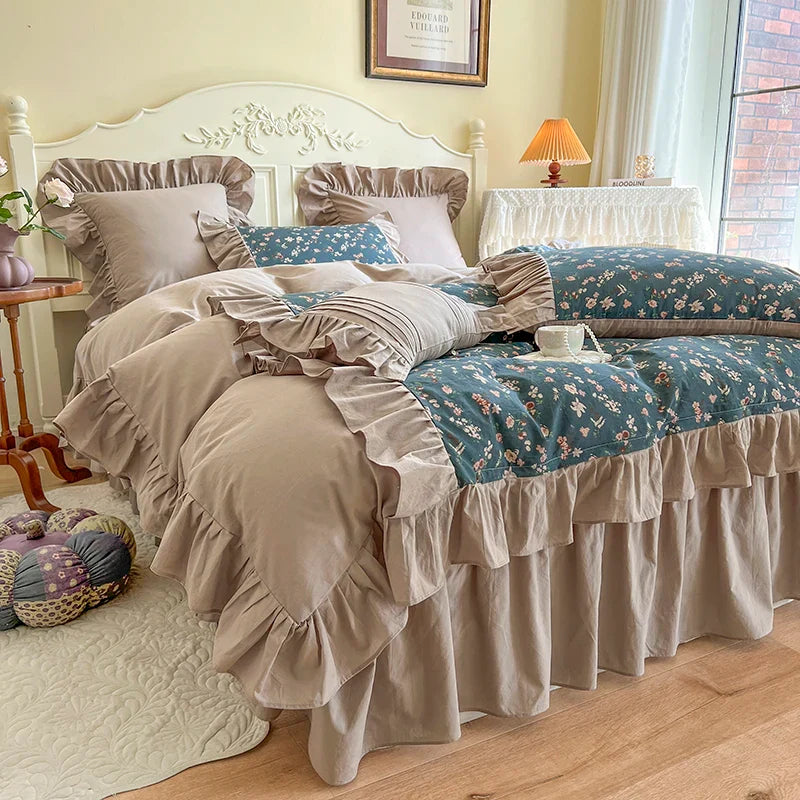 Afralia™ Vintage Floral Cotton Bedding Set with Pleat Ruffles and Duvet Cover