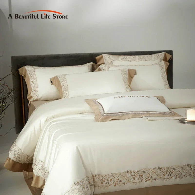 Afralia™ Silky Eucalyptus Cotton Embroidery Bedding Set with Duvet Cover, Sheet, Pillowcases