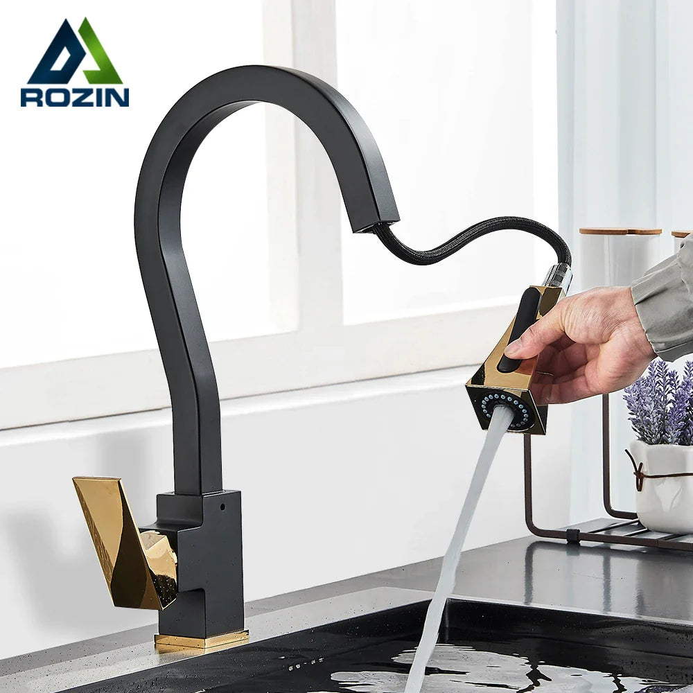 Afralia™ Black Gold Kitchen Faucet with Flexible Pull Down Sprayer