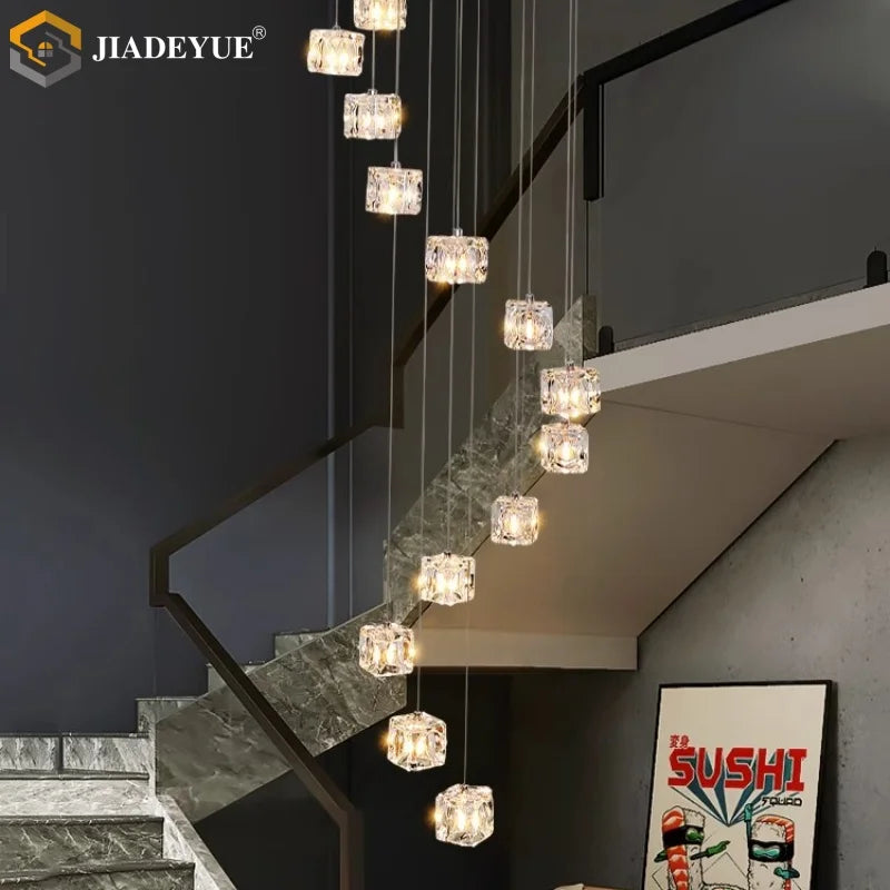 Afralia™ Rotating Cube Glass Chandelier LED Staircase Light