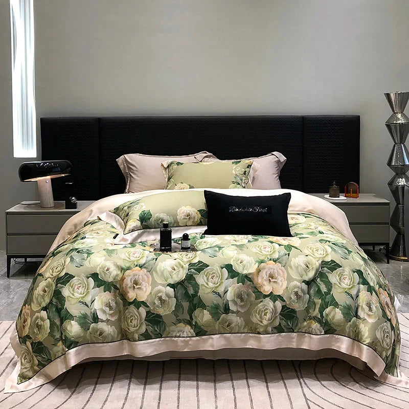 Afralia™ Rose Flowers Bamboo Fiber Bedding Set: Soft & Silky, 1 Duvet Cover, 2 Pillowcases, 1 Flat Sheet