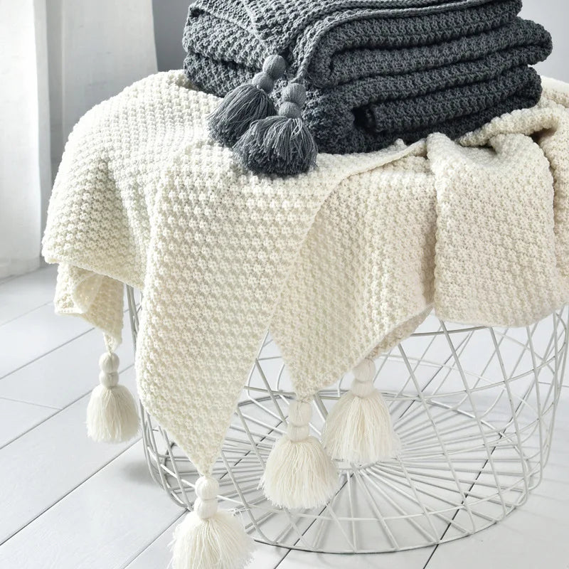 Afralia™ Knitted Sofa Throw Blanket with Fringe Yarn