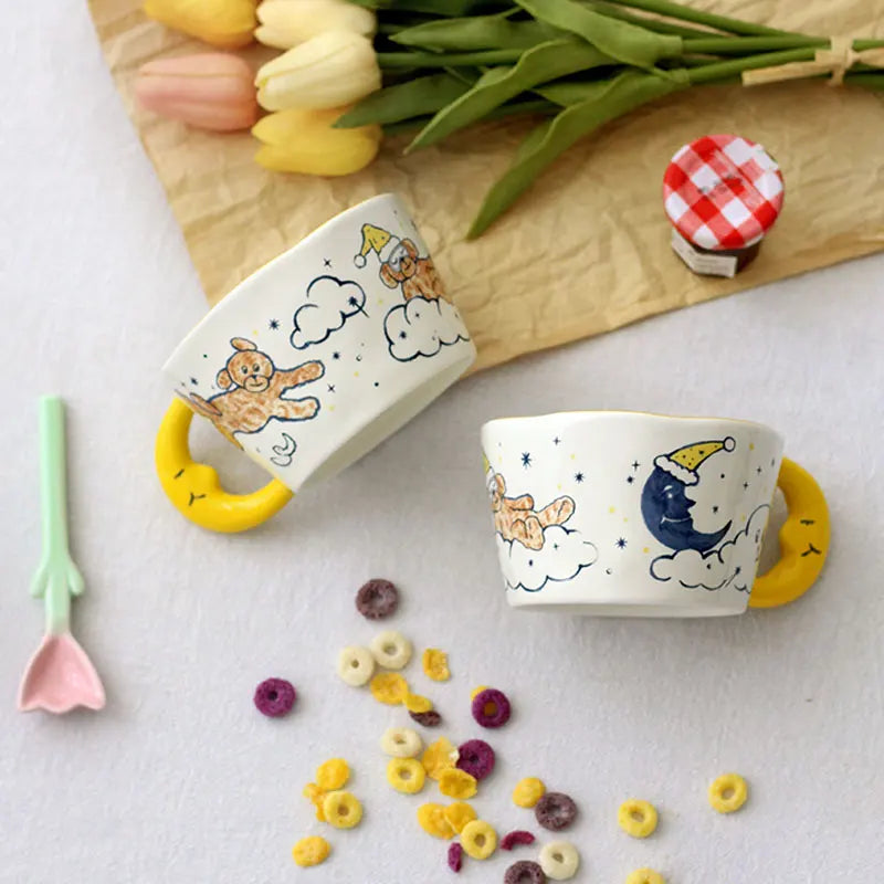 Afralia™ Bear Moon Ceramic Mug: Cute Hand Painted Coffee Cup for Kitchen Drinkware