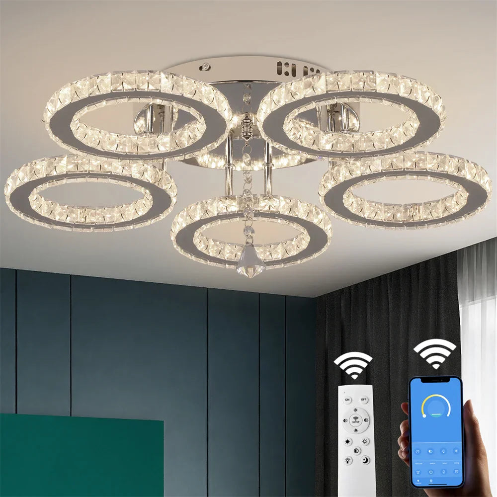 Afralia™ Crystal Flush Mount Chandelier: App Dimmable Rings Shape Ceiling Light