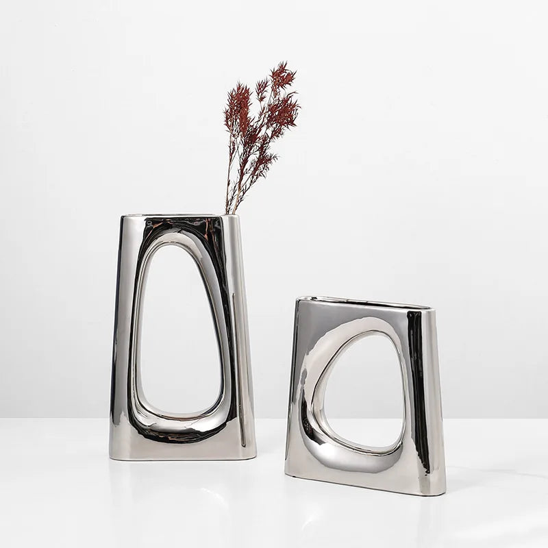 Afralia™ Silver Geometric Ceramic Vase for Home Decor and Floral Arrangements