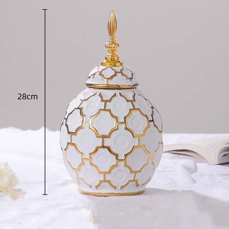 Afralia™ Checkmate Ginger Jar Vase Plaid Gold Porcelain Bottle Home Decor