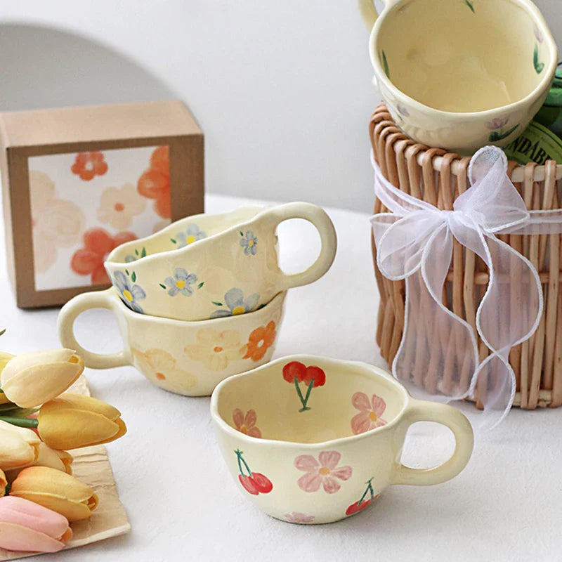 Afralia™ Hand-Pinched Irregular Flower Ceramic Mug for Coffee and Tea - Korean-Inspired Breakfast Cup