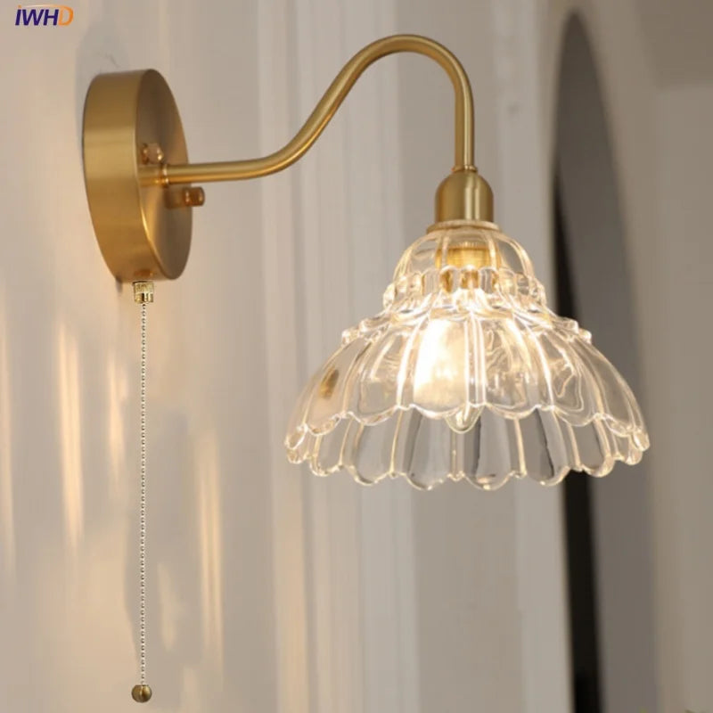 Afralia™ Brass LED Wall Sconce Clear Glass Pull Chain Switch Modern Vanity Light