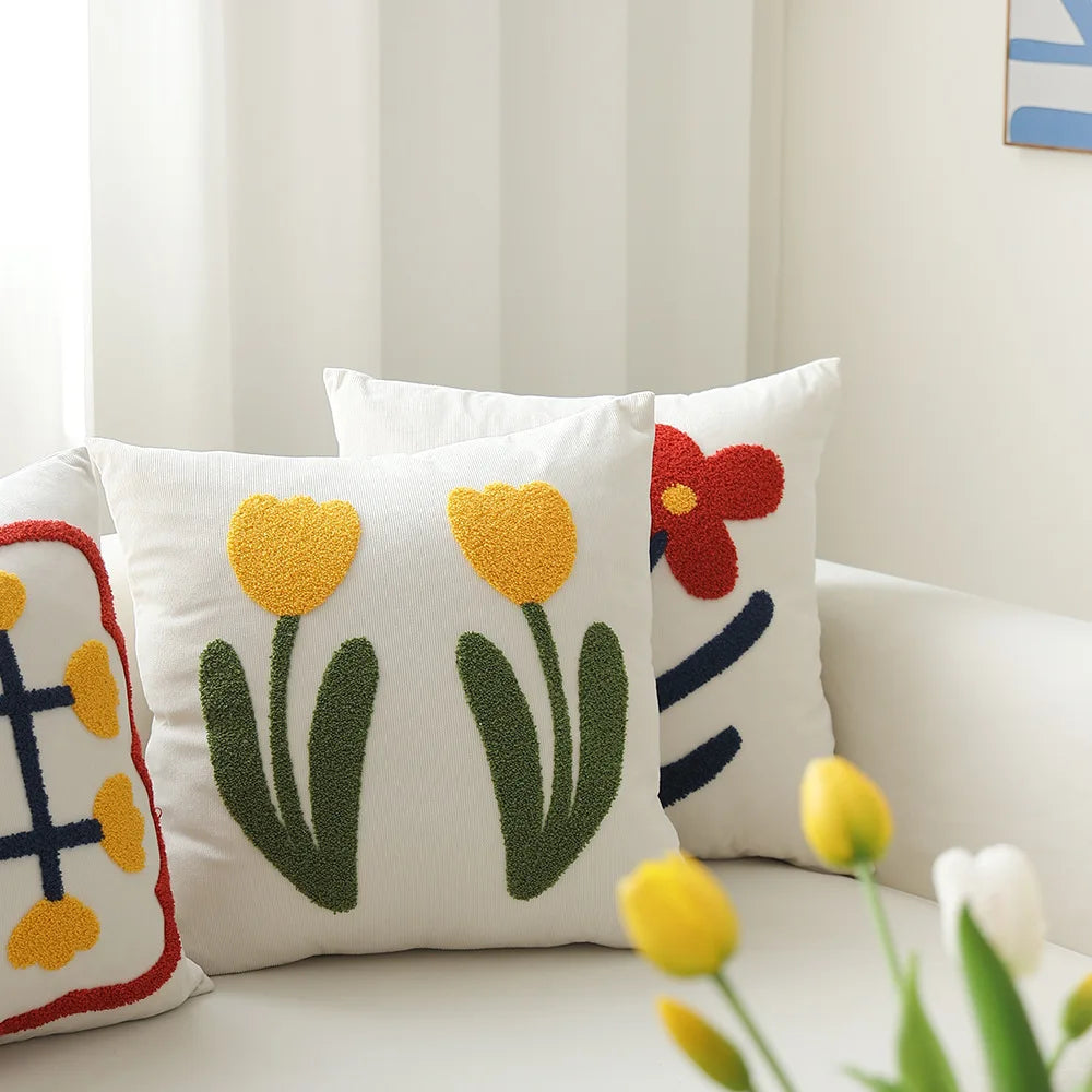 Afralia™ Floral Embroidery Corduroy Pillow Cover 45x45cm for Home Decor