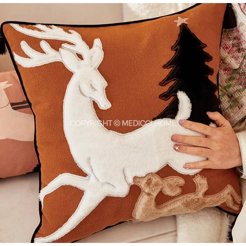 Afralia™ Handmade Reindeer Applique Embroidery Christmas Cushion Cover - Festive Xmas Holiday Decor