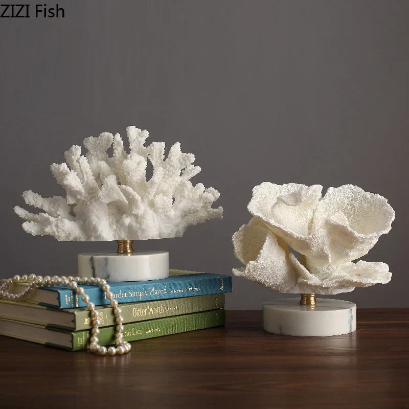 Afralia™ White Coral Decoration on Marble Base: Elegant Resin Craft for Home & Wedding