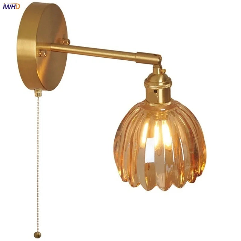 Afralia™ Vintage Amber Glass Wall Light with Pull Chain Switch - LED Fixture for Home Decor