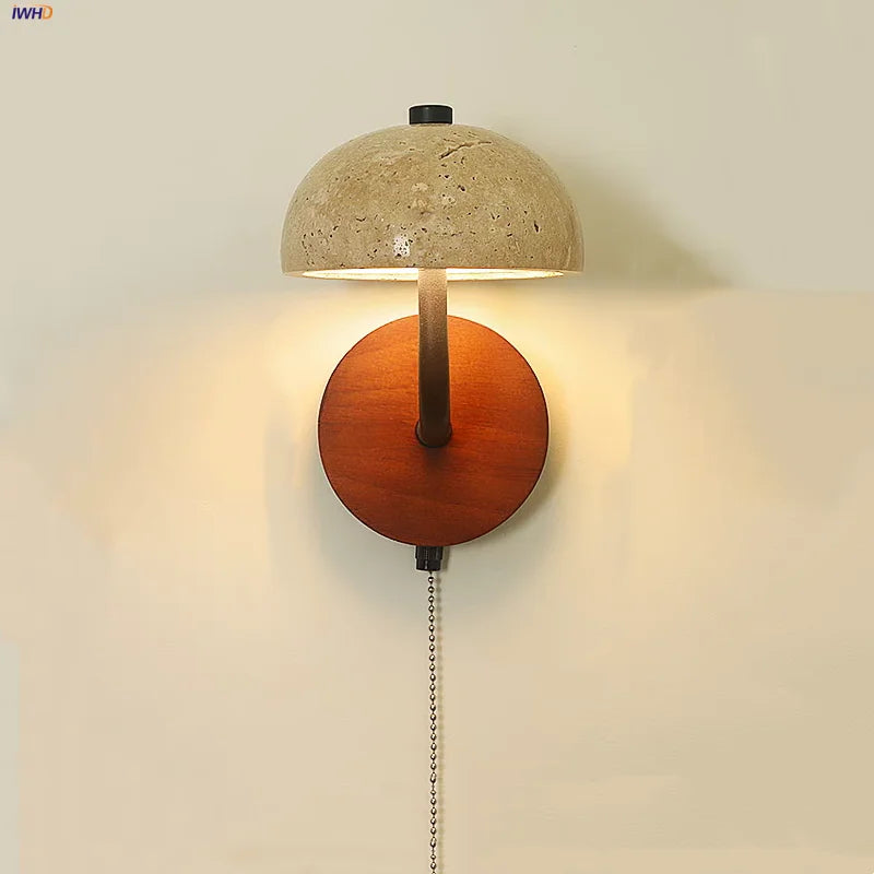 Afralia™ Vintage LED Wall Sconce Lamp Yellow Travertine Wood Pull Chain Mirror Light