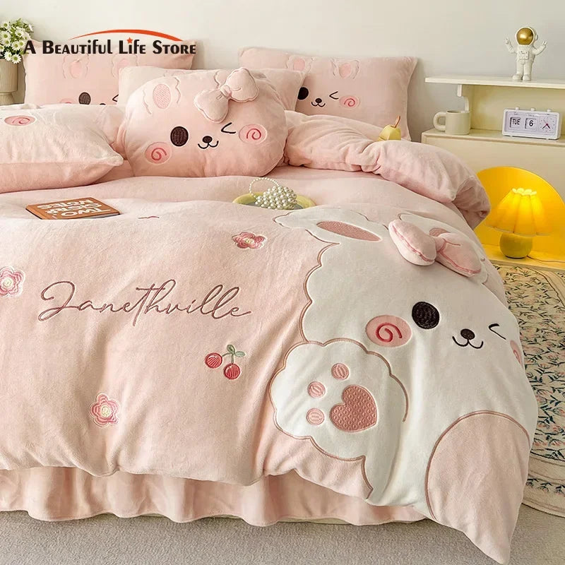 Afralia™ Cartoon Rabbit Applique Embroidery Bedding Set with Velvet Fleece for Cozy Comfort