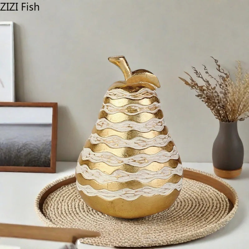 Golden Fruits Statue Set by Afralia™: Apple, Pear, Pineapple Sculptures for Aesthetic Room Decor