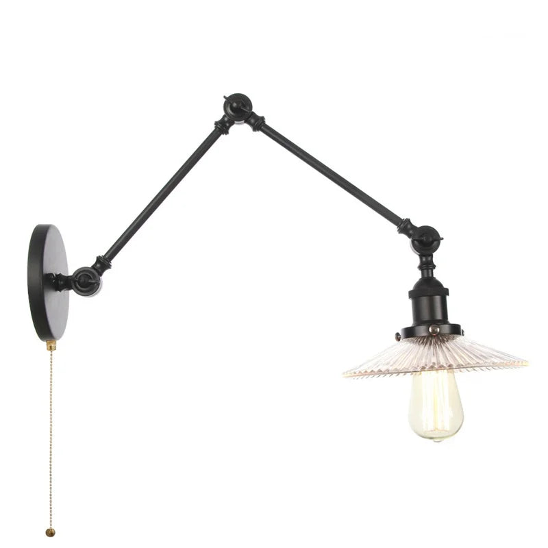 Afralia™ Industrial Loft Swing Arm Wall Sconce Clear Glass Pull Chain Switch Bedside Lamp
